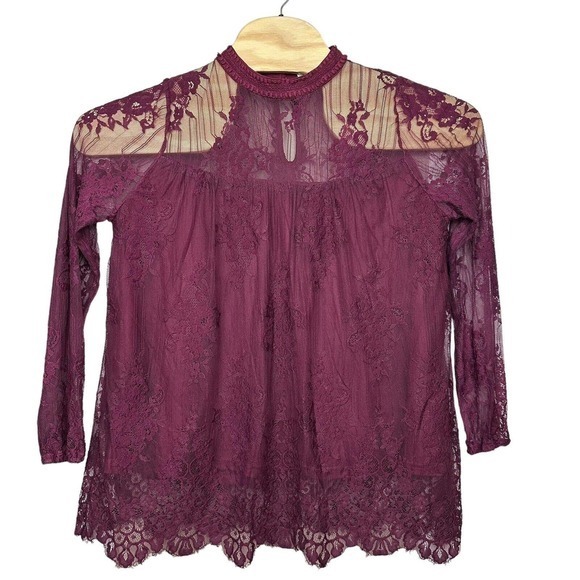 Andree By Unit Purple Mock Neck Lace Long Sleeve Blouse‎ Women's Medium - Picture 2 of 7